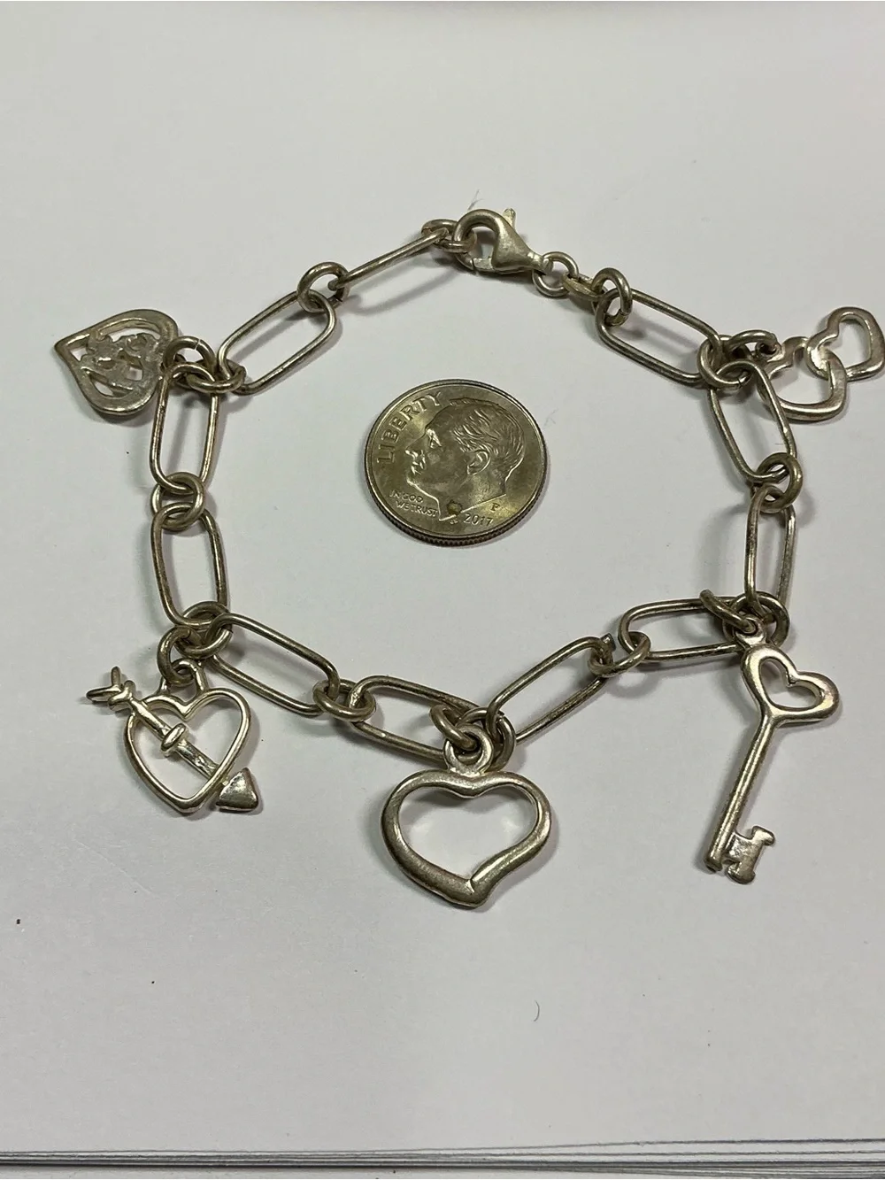 Sterling Silver Link Charm Bracelet W/ 5 Romantic Dangling Charms. 7.25” long